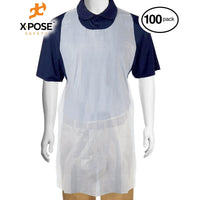 100 White Plastic Disposable Aprons For Cooking, Painting and More - Individually Packaged - Durable 1 mil Waterproof Polyethylene - 24" x 48" - by Xpose Safety