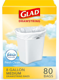 Glad Medium Drawstring Trash Bags, Rip and Tear Resistant, 8 Gallon Trash Bags, 80 Count